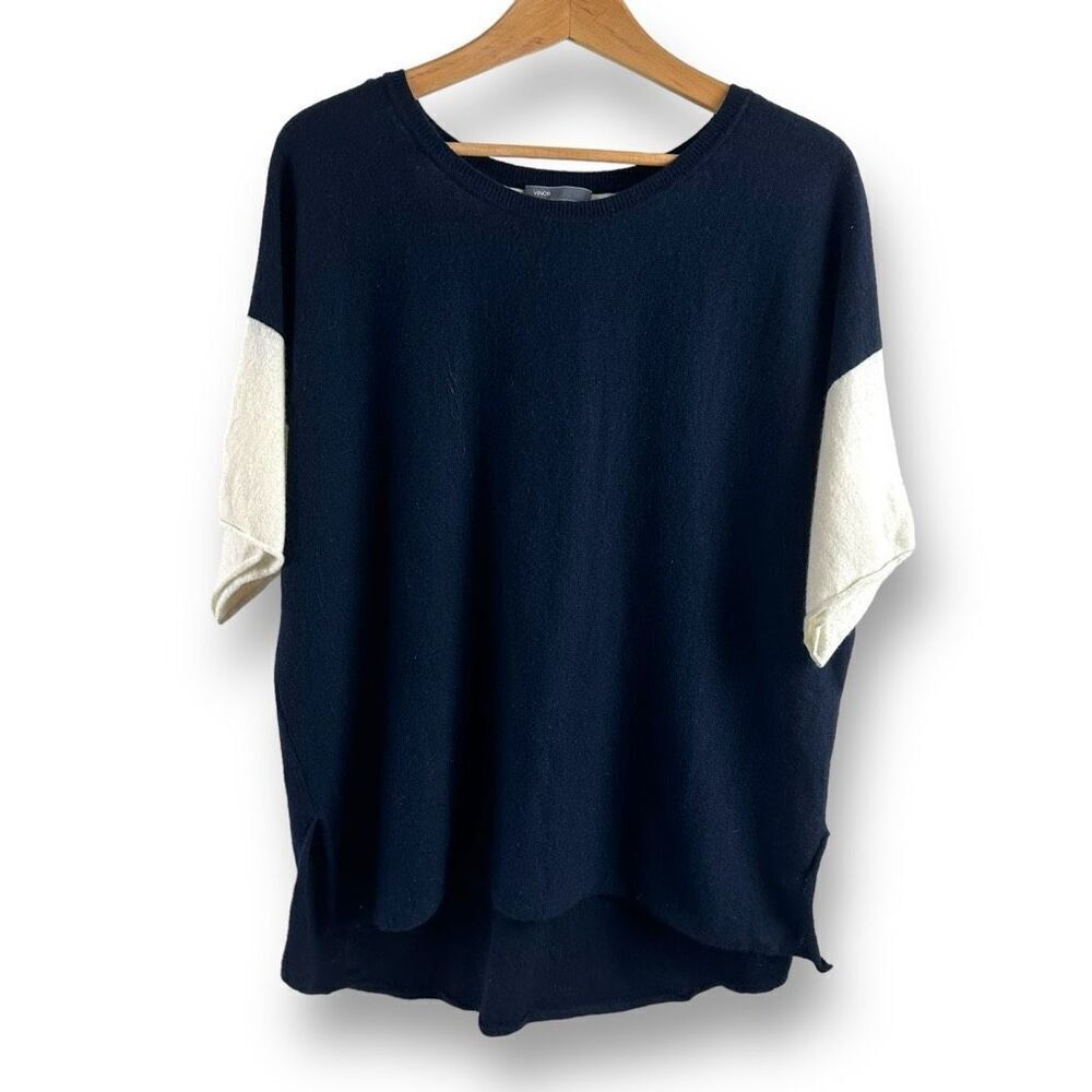 Vince M Short Sleeve Cashmere Sweater Navy‎ Blue Cream Colorblock Minimalist
